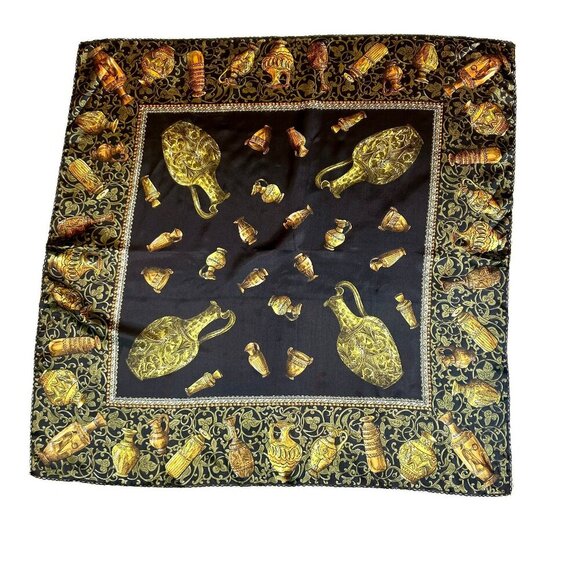 Vintage Black Baroque Square Scarf with Egyptian Urns and Vessels - Picture 1 of 8